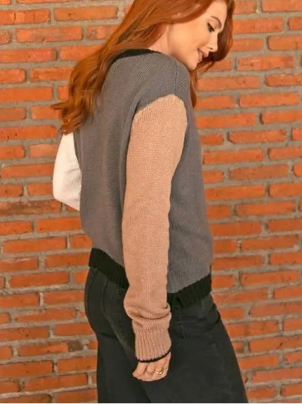WOODEN SHIPS oversized colorblock crew lightweight sweater in gunmetal stripe XS